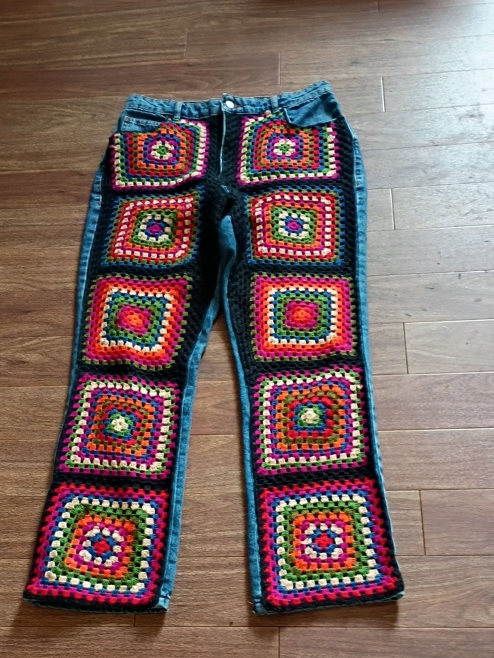FARM Rio Denim Jeans with Multicolor Crochet Squares